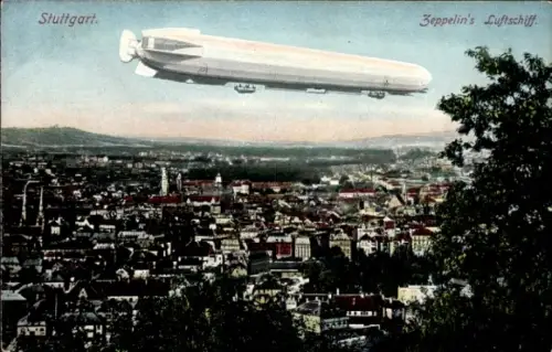 Ak Stuttgart in Baden Württemberg, Zeppelin über der Stadt