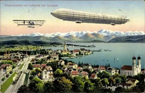Ak Friedrichshafen am Bodensee, Zeppelin und Flugzeug über der Stadt