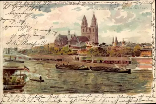 Litho Magdeburg an der Elbe, Ansicht vom Werder
