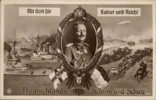 Passepartout Ak Kaiser Wilhelm II., Zeppelin, Deutsches Kriegsschiff, Deutschlands Schirm und Schutz