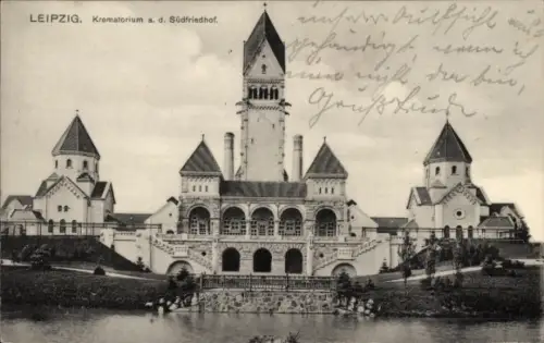 Ak Südvorstadt Leipzig in Sachsen, Krematorium, Südfriedhof,  Wasser, Architektur