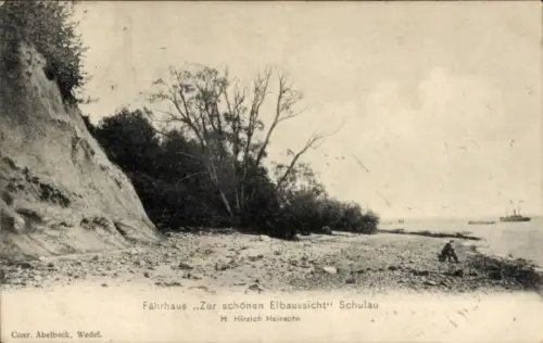 Ak Schulau Wedel an der Elbe, Fährhaus Zur schönen Elbaussicht,  H. Hinrich Heinsohn, Strand, Bäu