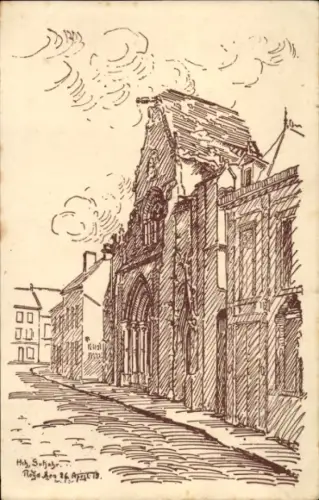 Ak Roye Somme, Zeichnung einer Kirche, Straße, Häuser, Wolken