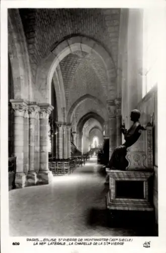 Ak Paris XVIII Montmartre, Eglise St Pierre de Montmartre, Innenansicht, Statue, Kirchenbänke