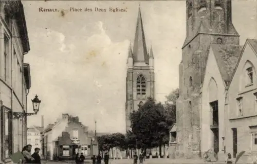 Ak Ronse Renaix Ostflandern,  Place des Deux Eglises, Kirchturm, Straßenansicht