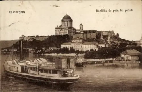 Ak Esztergom Gran Ungarn,  Basilika, Primatialpalast, Boot auf dem Wasser