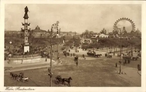 Ak Wien 2 Leopoldstadt Österreich,  Praterstern, Menschen, Pferdewagen, Riesenrad, Monument