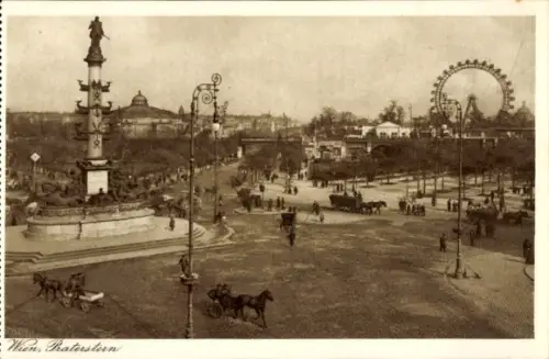 Ak Wien 2 Leopoldstadt Österreich,  Praterstern, Pferdewagen, Riesenrad, Monument