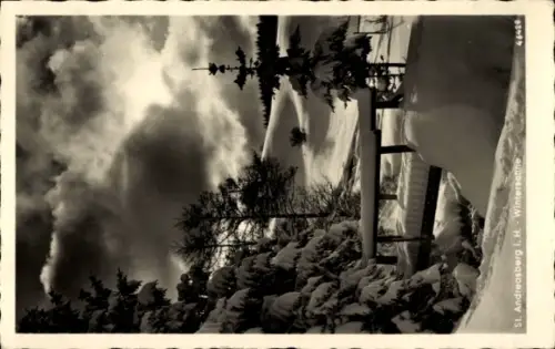 Ak St. Andreasberg Braunlage im Harz, Oderteich, Winterlandschaft, verschneite Bäume, Bank, Wolke