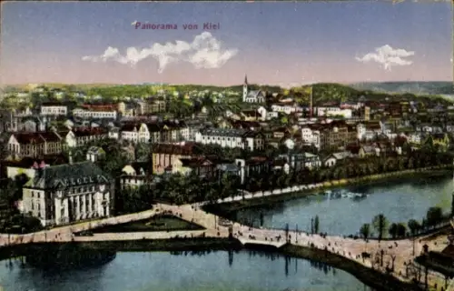 Ak Kiel, Panorama von  Stadtansicht, Wasser, Bäume, Gebäude
