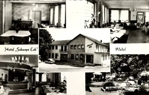 Ak Wedel an der Elbe, Hotel „Scharpe Eck“,  Restaurant, Café, Sportlerheim, Garten