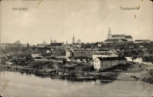 Ak Hrodna Grodno Weißrussland,  Totalansicht, Stadtansicht, Fluss, Gebäude