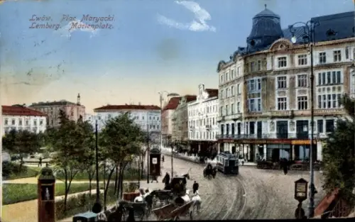 Ak Lwiw Lwów Lemberg Ukraine,  Plac Maryacki, Lemberg, Marienplatz, Straßenansicht,  