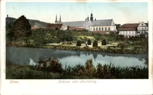 Ak Oliva Gdańsk Danzig, Schloss und Karlsberg,  Landschaft mit Wasser, Bäume, Gebäude