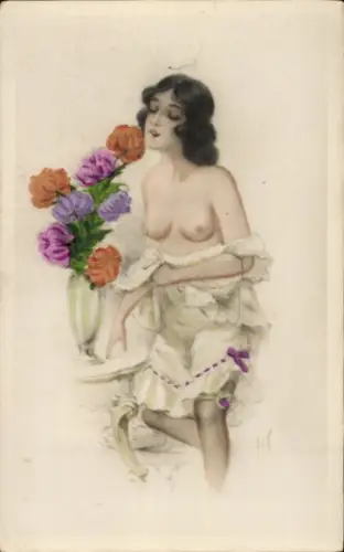 Künstler Ak Barbusige Frau, Blumen, Erotik