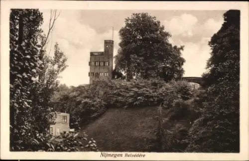 Ak Nijmegen Gelderland, Nijmegen Belvédère, Gebäude, Bäume, Brücke