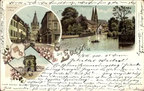 Litho Soest in Westfalen, Rathausstraße, Dom, Großer Teich
