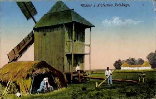 Ak Russische Dorflandschaft, Windmühle, Feldarbeit