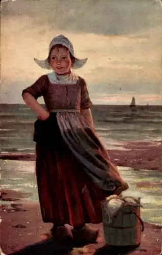 Künstler Ak Mädchen in niederländischer Tracht, Strand