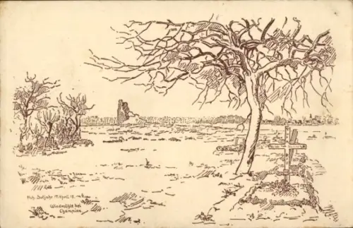 Künstler Ak Solente Oise, zerschossene Mühle bei Champien, Grab