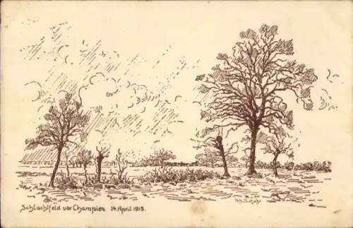 Ak Champien Somme, Schlachtfeld, Bäume, April 1915, Zeichnung