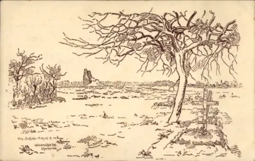 Künstler Ak Solente Oise, zerschossene Mühle bei Champien, Grab