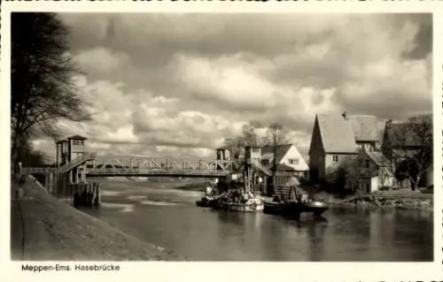 Ak Meppen im Emsland, Meppen-Ems, Hasebrücke, Fluss, Brücke, Gebäude