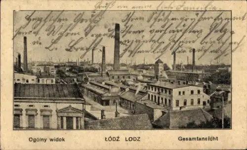 Ak Łódź Lodsch Polen, Gesamtansicht,  Fabriken, Schornsteine, Industrie