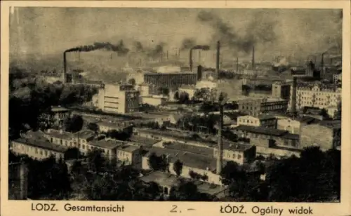 Ak Łódź Lodz Lodsch Polen, Lodz Gesamtansicht, Industriegebäude, Rauchende Schornsteine