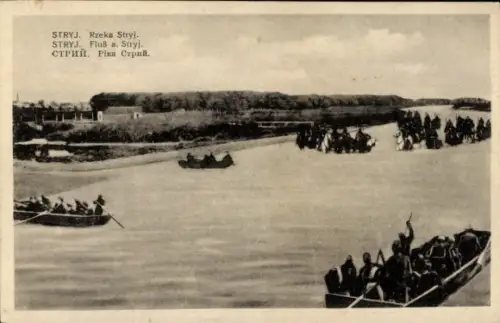 Ak Stryj Stryi Ukraine, Fluss  Boote, Menschen, Landschaft, Schwarz-Weiß-Foto