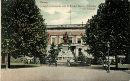 Ak Poznań Posen, Denkmal Kaiser Wilhelm, General-Kommando,  Bäume, Park