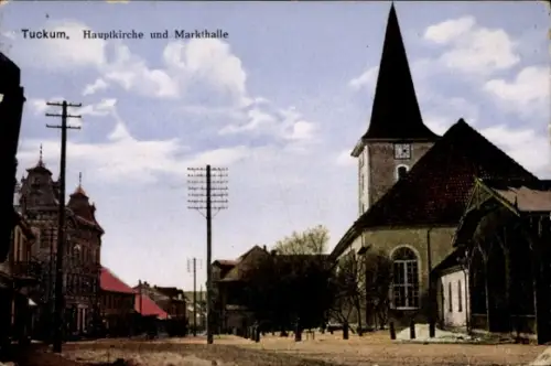 Ak Tukums Tuckum Lettland,  Hauptkirche, Markthalle, Wolken, Strommasten