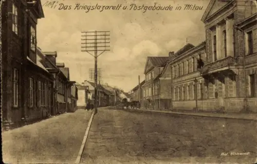 Ak Jelgava Mitau Lettland, Das Kriegslazarett, Postgebäude,  Straßenansicht,  