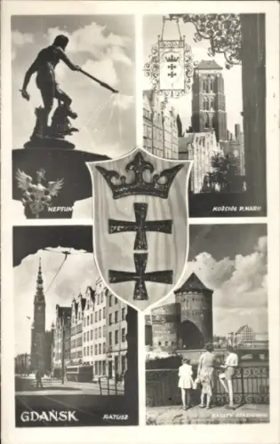 Ak Gdańsk Danzig, Neptun, Kościół P. Mari,  Ratusz, Baszty Stagwne