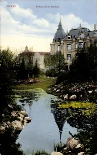 Ak Poznań Posen, Botanischer Garten,  Wasserfläche, Pflanzen, Gebäude