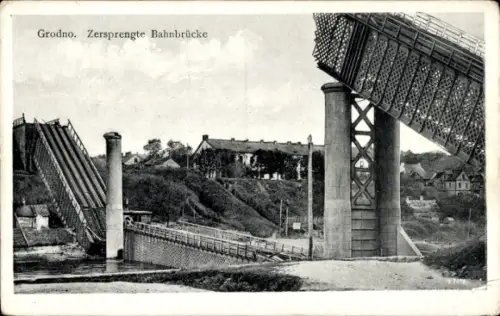 Ak Hrodna Grodno Weißrussland, Zersprengte Bahnbrücke,  Landschaft, Wasser, Brücke