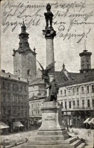 Ak Lwiw Lwów Lemberg Léopol Ukraine, Denkmal von Adam Mickiewicz, Statue, Gebäude im Hintergrund,