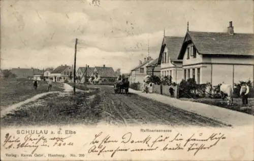 Ak Schulau Wedel an der Elbe,  Raffineriestraße, Pferdewagen, Häuser