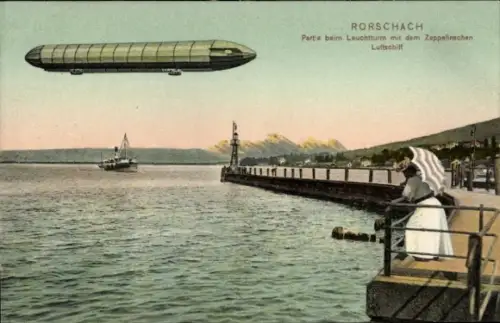 Ak Rorschach Kt. St. Gallen Schweiz, Leuchtturm, Zeppelin