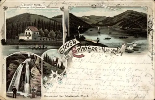 Litho Erlafsee bei Mariazell Steiermark, Restauration und Café Hahenhaus, Wasserfall