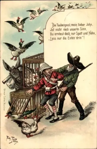 Künstler Litho Thiele,Arthur,Südafrika, Burenkrieg, Anti England, Taubenpost, Enten, Esel, Karikatur