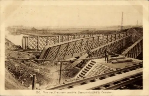Ak Corbehem Pas de Calais, Von den Franzosen zerstörte Eisenbahnbrücke, 1. WK