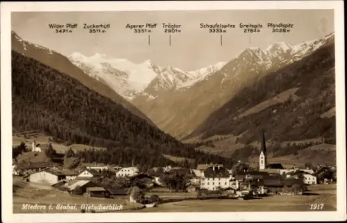Ak Mieders im Stubaital Tirol, Berglandschaft,  Gletscherblick, 1917, Berge mit Höhenangaben
