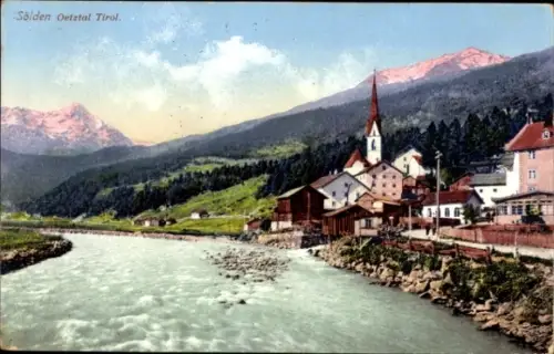 Ak Sölden in Tirol, Sölden Oetztal Tirol, Fluss, Berge, Kirche, Häuser