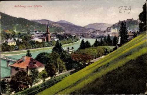 Ak Salzburg in Österreich, Flusslandschaft, Berge, Häuser, Kirche,  mit Farbzeichnung