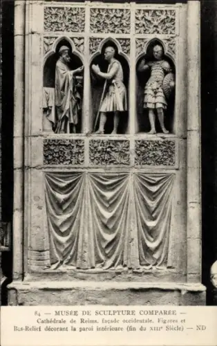 Ak Reims Marne, Skulpturen der Kathedrale von  Figuren, Bas-Relief, 13. Jahrhundert