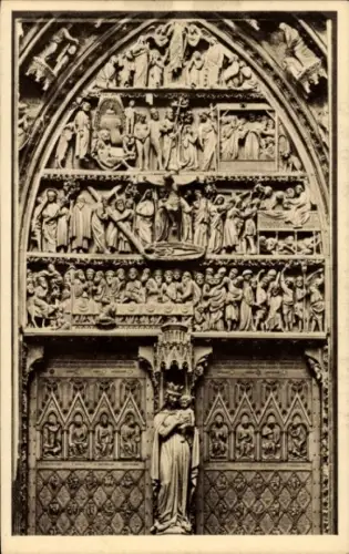 Ak Strasbourg Straßburg Elsass Bas Rhin, Reliefdarstellungen, Figuren, Strassburger Münster, Haup