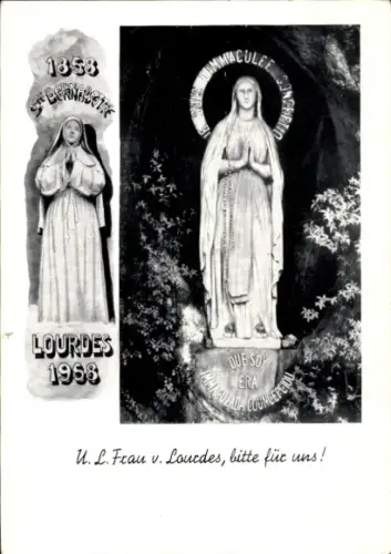 Ak Lourdes Hautes Pyrénées, Schwarze und weiße Bilder, Statue der Immaculée, Text über  1858, 195