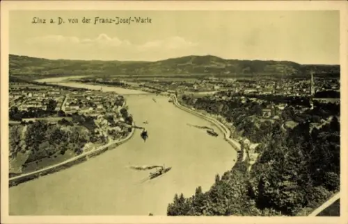 Ak Linz an der Donau Oberösterreich, Blick auf Linz, Donau, Franz-Josef-Warte, Schiffe