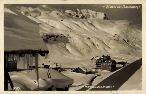 Ak Zürs am Arlberg Vorarlberg, Schneebedeckte Berge, Hotel Lorünser, Zurs am Arlberg
